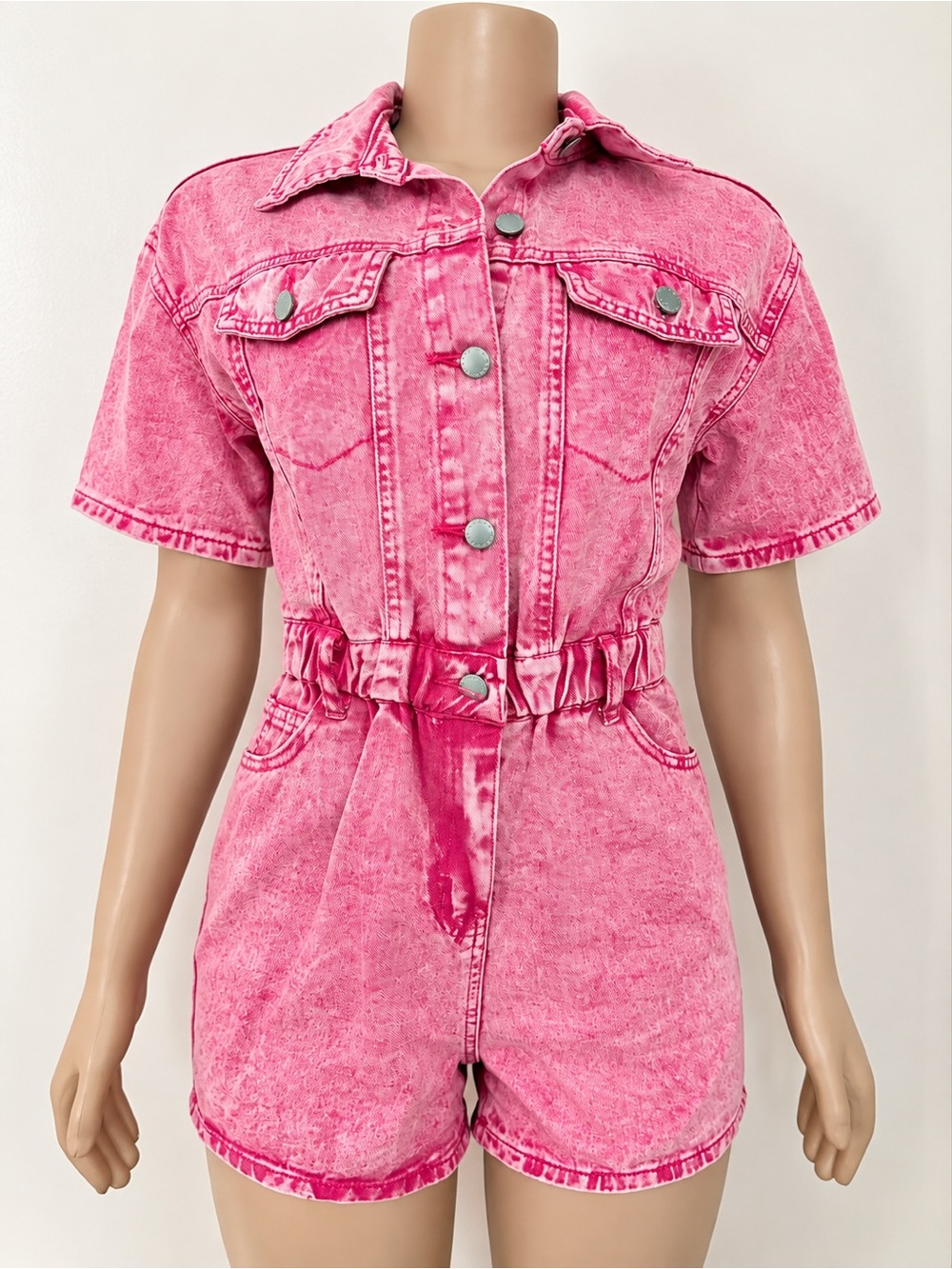 Pink Acid-Wash Denim Romper - Women's Jean Short Jumpsuit